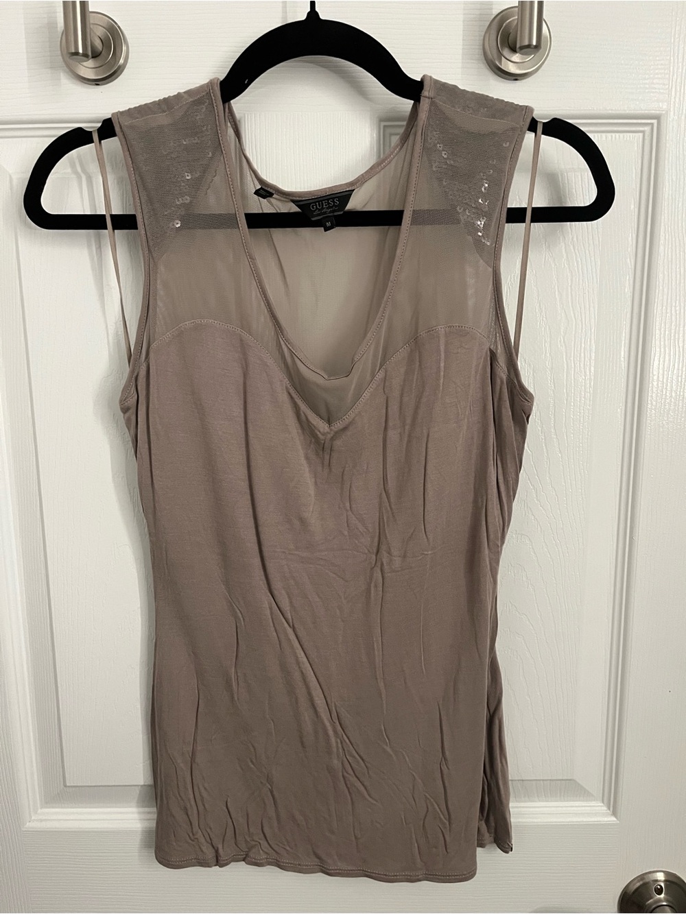 Guess Sequin Shoulder Mesh Tank Top in Taupe